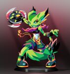  1girl absurdres animal_ears black_gloves black_nose black_tank_top carol_tea cat_ears cat_girl chinese_knot commentary english_commentary fingerless_gloves freedom_planet freedom_planet_2 furry furry_female gloves goshaag green_eyes green_fur green_shorts highres red_scarf scarf shorts striped_fur tank_top 