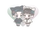 2boys absurdres animal_ears black_eyes black_hair black_socks blush cat_ears chibi chibi_only choi_wonjun_(mang-jong) commentary_request couple full_body gradient_background heart heart_background highres hkmi holding_hands kim_ieum_(mang-jong) male_focus mang-jong multiple_boys necktie polka_dot polka_dot_background sailor sailor_collar short_hair shorts socks white_background white_socks wzvrn 