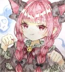  1girl :q animal_ears bell bow bowtie braid cat_ears commentary_request dress extra_ears fingernails fire flaming_skull floating_skull green_dress hair_bow jaku_sono jingle_bell kaenbyou_rin long_fingernails long_hair long_sleeves looking_at_viewer multiple_hair_bows neck_bell paw_pose red_bow red_bowtie red_eyes red_hair red_nails sharp_fingernails signature skull solo tongue tongue_out touhou traditional_media twin_braids upper_body 