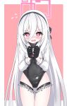  1girl @_@ ass_visible_through_thighs black_hairband black_leotard black_neckerchief blue_archive blush commentary_request cosplay cowboy_shot embarrassed flying_sweatdrops frilled_thigh_strap hair_between_eyes hairband halo hand_on_own_hip hand_up highres kei_(blue_archive) langley1000 leotard long_hair long_sleeves looking_at_viewer neckerchief nose_blush open_mouth peanut_mouth pink_background pink_eyes pink_halo rectangular_halo revision shimiko_(blue_archive) shimiko_(blue_archive)_(cosplay) shimiko_(magical)_(blue_archive) shrug_(clothing) smile solo thigh_strap two-tone_background very_long_hair white_hair white_shrug 