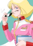  1girl artist_name blonde_hair blue_eyes breasts character_name collared_jacket commentary_request cross earth_federation glasses gundam highres holding holding_notebook holding_removed_eyewear jacket kico_factory lips long_sleeves looking_at_viewer military military_uniform mobile_suit_gundam name_tag notebook pink_jacket red_cross sayla_mass shoulder_boards simple_background small_breasts smile solo sunglasses unworn_eyewear upper_body 