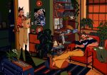  2boys animal_ears armchair bag black_hair book bookshelf brown_hair cat_ears chair closed_eyes crossed_ankles cup desk desk_lamp disco_elysium door drawer glasses gloves grocery_bag harry_du_bois holding holding_bag indoors ivy jacket kemonomimi_mode kim_kitsuragi lamp mug multiple_boys orange_gloves orange_jacket pants paper_bag plant poster_(object) potted_plant reclining round_eyewear rug scenery shopping_bag short_hair slippers standing teacup teapot tile_floor tiles wide_shot window window_blinds xunsansan yellow_pants 