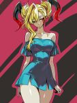  1girl alternate_costume alternate_hairstyle breasts commentary dress english_commentary facial_mark fate/grand_order fate_(series) fingernails hair_around_horn highres horns long_horns looking_to_the_side medium_breasts nail_polish nero_claudius_(fate) one_eye_closed queen_draco_(fate) red_scales sharp_fingernails solo strapless strapless_dress zantyarz 