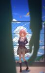  1girl absurdres arms_behind_back binnn_ze blue_eyes blue_jacket blue_sky blue_socks blush braid brown_shoes building chain-link_fence cloud cloudy_sky commentary day envelope fence grey_skirt grin highres jacket kaf_(kamitsubaki_studio) kamitsubaki_studio loafers long_hair long_sleeves looking_at_viewer low_twin_braids low_twintails mountainous_horizon neck_ribbon on_rooftop pink_hair pleated_skirt red_pupils red_ribbon ribbon rooftop school_uniform shirt shoes skirt sky smile socks solo_focus standing thighs twin_braids twintails virtual_youtuber white_shirt yellow_pupils 