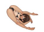  1girl :d absurdres armpits arms_up ass barefoot bikini black_bikini black_hair blue_eyes blush breasts choppy_bangs commentary_request folded from_above from_side full_body highres itsuki_nofuji legs_over_head looking_at_viewer medium_hair nose_blush open_mouth original raised_inner_eyebrows simple_background small_breasts smile soles solo stomach string_bikini swimsuit tan tanlines toes underboob white_background 