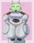 2026 anthro big_breasts blush bodily_fluids breasts digital_drawing_(artwork) digital_media_(artwork) domestic_cat eyelashes fake_whiskers felid feline felis female for_a_head green_face green_inner_ear green_screen grey_body hi_res huge_breasts katzumaki machine mammal metallic_body monitor_head name_tag noseless note number object_head post-it_note pur_03 robot robot_anthro screen screen_face screen_head simple_background solo sweat tailless thick_thighs tongue tongue_out wide_hips