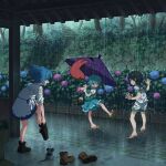 3girls :p absurdres barefoot blue_eyes blue_flower blue_hair blue_vest boots brown_boots commentary_request dress flower green_hair grin heterochromia highres holding holding_umbrella hydrangea juliet_sleeves karakasa_obake kumoi_ichirin long_sleeves missing_headwear mouse_(animal) multiple_girls murasa_minamitsu nazrin nazrin_(mouse) outdoors paid_reward_available pink_flower pointy_ears puffy_short_sleeves puffy_sleeves purple_umbrella rain red_eyes sandals shirt short_sleeves shorts smile stairs suteruko tatara_kogasa toes tongue tongue_out touhou tree umbrella unworn_boots vest wet wet_clothes wet_shirt wet_shorts white_dress white_shirt white_shorts 