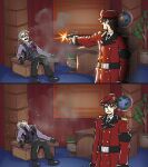  2boys armchair blonde_hair blood brown_hair bullet_wound chair coat commander_(girls'_frontline) commentary death desk english_commentary girls'_frontline glasses globe griffin_&amp;_kryuger_logo griffin_&amp;_kryuger_military_uniform gun handgun hat headshot highres makarov_pm meme multiple_boys plant potted_plant red_coat red_hat scene_reference serjatronic spoilers the_eric_andre_show weapon william_(reverse_collapse) 
