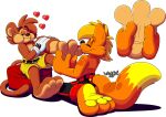 3_toes 4_fingers absurd_res alpha_channel anthro belt belt_buckle big_feet bottomwear bread buckle canid canine cartoon_gloves cheek_bulge clothing duo feet fingers food foot_rub fox haplorhine heart_symbol hi_res male male/male mammal marquis2007 marquis_(marquis2007) monkey monty_(tamerkoh) pants pawpads paws primate shorts sitting soles spread_toes tail toe_pads toes toony