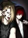  2boys :p bandaged_neck bandages black_eyeliner black_nails black_shirt blue_eyes brown_eyes brown_hoodie chain chain_necklace cigarette cross cross_necklace deidara_(naruto) earrings eyeliner ffdei2i goth_fashion hickey high_ponytail highres hood hood_up hoodie implied_yaoi jewelry korean_commentary looking_at_viewer makeup male_focus multiple_boys naruto_(series) naruto_shippuuden necklace ponytail red_hair ring sasori_(naruto) shirt short_hair spotlight star_(symbol) star_tattoo tattoo tongue tongue_out white_shirt 