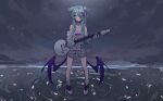  1girl absurdres ankle_socks aqua_eyes black_shoes blue_hair blue_wings closed_mouth cloud cloudy_sky collarbone commentary cross-shaped_pupils dim_lighting dot_nose dragon_girl dragon_wings electric_guitar elira_pendora elira_pendora_(1st_costume) english_commentary fang full_body gloves grey_gloves grey_overalls grey_sky guitar hair_intakes hair_ornament hair_over_one_eye head_wings highres holding holding_guitar holding_instrument instrument light_smile long_hair long_sleeves looking_at_viewer loose_hair_strand low_wings mentally_deficient mole mole_on_shoulder multicolored_hair multicolored_shoes multicolored_sweater muted_colors nijisanji nijisanji_en one_eye_covered outdoors overall_shorts overalls parted_bangs purple_wings ripples shoes shorts side_part sidelocks single_bare_shoulder single_glove single_off_shoulder skin_fang sky sleeves_past_wrists socks solo standing standing_on_liquid sweater symbol-shaped_pupils v-shaped_eyebrows virtual_youtuber water white_hair white_shoes white_shorts white_socks white_sweater wings x_hair_ornament 