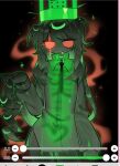  1018sus 1girl 1x1x1x1_(roblox) arm_at_side art_program_in_frame black_background black_coat black_dress black_hair black_skin clenched_teeth coat coat_dress collared_coat collared_dress colored_sclera colored_skin contrapposto cowboy_shot crown cutout_eyelashes dominoes dress fewer_digits fire flat_chest forsaken_(roblox) genderswap genderswap_(mtf) glowing green_crown green_outline green_skin hair_between_eyes hand_up highres holding_own_hair ibispaint ibispaint_(medium) jitome long_hair long_sleeves looking_at_viewer multicolored_skin no_eyebrows no_nose open_collar outline puffy_long_sleeves puffy_sleeves red_sclera roblox see-through_body sharp_teeth short_dress side_slit sidelocks simple_background skeleton solo sparkle standing straight-on swept_bangs teeth tsurime two-tone_skin very_long_hair wavy_hair zipper_pull_tab 