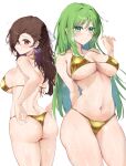  2girls adjusting_clothes adjusting_swimsuit alternate_costume arm_behind_back ass bare_arms bare_back bare_shoulders bikini blush braid breasts brown_eyes brown_hair butt_crack cameltoe cleavage closed_mouth commentary cowboy_shot embarrassed fire_emblem fire_emblem:_path_of_radiance fire_emblem:_radiant_dawn fire_emblem_fates flying_sweatdrops from_behind frown furrowed_brow gold_bikini green_eyes green_hair hair_between_eyes hair_over_one_eye heavy_breathing highres kagero_(fire_emblem) large_breasts long_hair looking_at_viewer looking_back multiple_girls navel nephenee_(fire_emblem) one_eye_covered playing_with_own_hair ponytail shy sideboob simple_background skindentation standing steaming_body stomach string_bikini swimsuit thick_thighs thighs thong thong_bikini turning_head underboob very_long_hair water_drop wavy_mouth wet white_background yuuri_(orz_commushows) 