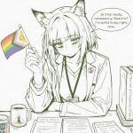  1girl :/ animal_ear_fluff animal_ears arknights badge bags_under_eyes blunt_bangs blush book breasts button_badge caffichai canvas_texture cat_ears cat_girl coat coffee_mug collarbone commentary cup desk dot_nose english_commentary english_text expressionless flag green_eyes greyscale hair_intakes highres holding holding_flag id_card kal'tsit_(arknights) lab_coat lanyard lapel_pin lapels lgbt_pride long_hair long_sleeves looking_at_viewer monochrome mug open_clothes open_coat paperwork partially_colored pride_month progress_pride_flag rainbow_flag rhodes_island_logo_(arknights) shirt simple_background slit_pupils small_breasts solo speech_bubble spot_color upper_body white_background 
