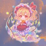  1girl absurdres blonde_hair blush bow bowtie chibi chibi_only chinese_commentary commentary_request crystal crystal_wings dated fang flandre_scarlet frilled_skirt frilled_wrist_cuffs frills full_body hair_intakes hat hat_ribbon highres hua_mo_luna looking_at_viewer mob_cap multicolored_wings one_side_up open_mouth red_eyes red_skirt red_vest ribbon shirt signature skin_fang skirt skirt_set smile solo touhou vest white_hat white_shirt white_wrist_cuffs wings wrist_cuffs yellow_bow yellow_bowtie 