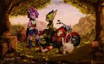  3girls arm_guards basset_hound black_jumpsuit black_nose black_tank_top blue_boots boots carol_tea chinese_knot commentary digitigrade dragon_girl dragon_horns earphones english_commentary freedom_planet freedom_planet_2 furry furry_female grass green_eyes green_fur green_shorts highres horns jumpsuit long_animal_ears long_hair milla_basset motor_vehicle motorcycle multiple_girls orange_hair purple_hair red_scarf residentevilffs romper sash_lilac scarf short_hair shorts sleeveless_jumpsuit striped_fur tank_top tree white_fur 