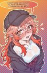  1girl @_@ arknights baseball_cap black_jacket blush breasts caffichai collarbone commentary dynamite english_commentary english_text explosive flying_sweatdrops from_above haruka_(arknights) haruka_(casual)_(arknights) hat highres jacket large_breasts long_hair long_sleeves looking_at_viewer mole mole_under_eye nervous_sweating open_clothes open_jacket open_mouth pointy_ears polka_dot polka_dot_background profanity red_hair rimless_eyewear round_eyewear see-through_clothes see-through_shirt shirt solo speech_bubble suicide_bomb sweat white_shirt 