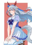  1girl animal_ears blue_eyes blue_hairband blush bokkehebkbk bow bowtie brown_shoes commentary_request ear_covers grey_hair grey_tail hair_between_eyes hairband headband highres horse_ears horse_girl horse_tail long_hair multicolored_hairband open_mouth puffy_short_sleeves puffy_sleeves purple_bow purple_bowtie purple_shirt red_headband sailor_collar sailor_shirt school_uniform seiza shirt shoes short_sleeves sitting skirt smile striped_clothes striped_hairband tail tamamo_cross_(umamusume) thighhighs tracen_school_uniform two-tone_hairband umamusume very_long_hair white_sailor_collar white_skirt white_thighhighs 