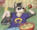 2025 4_fingers alcohol_bottle anthro beer_bottle beverage_bottle blue_bottomwear blue_clothing blue_jeans blue_pants bosch_(xamoel) bottle bottomwear bowl canid canine canis chips_(food) clothed clothed_male clothing colored_nails container controller countershading denim denim_bottomwear denim_clothing digital_drawing_(artwork) digital_media_(artwork) drinking english_text eyewear fingernails fingers food food_bowl foreshortening fur furniture grey_body grey_fur holding_alcohol_bottle holding_beer_bottle holding_controller holding_object holding_remote_control humanoid_hands inside jeans light lighting looking_at_viewer male male_anthro mammal nails omega_symbol pants perspective pet_bowl print_clothing print_shirt print_t-shirt print_topwear purple_clothing purple_shirt purple_t-shirt purple_topwear remote_control shaded shirt signature sitting sofa soft_shading solo sticker sunglasses t-shirt text topwear towel tv_remote white_body white_countershading white_fingernails white_inner_ear white_nails wolf xamoel