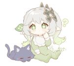  1girl ? aged_down alternate_costume animalization arm_at_side asymmetrical_sidelocks bib black_cat blush_stickers braid bright_pupils cat child closed_mouth colored_tips commentary cross-shaped_pupils eyelashes full_body genshin_impact green_hair green_sleeves hair_ornament half_crown_braid hand_up heart heart_hair_ornament index_finger_raised leaf leaf_hair_ornament long_hair long_sleeves looking_at_viewer marumochi_(muuun251) multicolored_hair nahida_(genshin_impact) onesie pointy_ears scaramouche_(cat)_(genshin_impact) scaramouche_(genshin_impact) side_ponytail sidelocks signature sitting solo symbol-shaped_pupils tareme untranslatable_commentary white_background white_hair white_pupils 