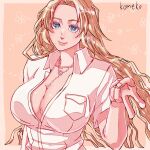  1girl artist_name bleach blonde_hair blue_eyes breasts cleavage closed_mouth commentary gyaru_v highres karakura_high_school_uniform komeko_(strikek-lvvjm27) large_breasts long_hair looking_at_viewer matsumoto_rangiku mole mole_under_mouth school_uniform shirt smile solo v white_shirt 