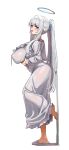  1girl absurdres blue_archive breasts commentary_request covered_nipples frilled_pajamas frills grabbing_own_breast halo highres kuyokuyo large_breasts long_hair looking_at_viewer mechanical_halo nightgown noa_(blue_archive) noa_(pajamas)_(blue_archive) pajamas ponytail see-through_clothes sleepwear white_hair white_nightgown white_pajamas 