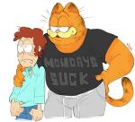  2021 anthro anthrofied bodily_fluids bottomwear brown_hair clothed clothing digital_drawing_(artwork) digital_media_(artwork) domestic_cat duo english_text felid feline felis fully_clothed fur garfield_(series) garfield_the_cat hair half-closed_eyes hand_on_hip hand_on_shoulder human jon_arbuckle long_sleeves male male/male mammal narrowed_eyes nervous orange_body orange_fur overweight overweight_anthro overweight_male pants pupils shirt shirt_grab simple_background smile sweat sweatpants text text_on_clothing text_on_shirt text_on_topwear topwear vilya whiskers white_background white_pupils 