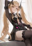  1girl arm_up black_dress black_gloves black_horns black_thighhighs blonde_hair breasts center_opening commentary ddcc0123 dress duet_night_abyss flora_(duet_night_abyss) gloves highres horns indoors jewelry long_hair looking_at_viewer medium_breasts necklace parted_lips sitting solo thighhighs thighs twintails untranslatable_commentary yellow_eyes 