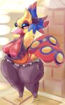  animal_crossing anthro avian beak big_breasts bird blue_body blue_feathers bottomwear breasts clothed clothing curvy_figure denim denim_clothing exposed_breasts feathers female full-length_portrait half-closed_eyes hands_behind_head jeans kiseff multicolored_body multicolored_feathers narrowed_eyes nintendo nipples non-mammal_breasts ostrich pants phoebe_(animal_crossing) portrait ratite red_body red_feathers shirt solo standing tank_top thick_thighs topwear video_games voluptuous wide_hips yellow_body yellow_feathers 