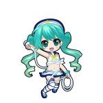  1girl :d aqua_bikini aqua_hair aqua_scrunchie arm_up beret bikini bikini_under_clothes black_outline blue_hat blue_sailor_collar blue_shoes blue_thighhighs blush bow cable chibi chibi_only crop_top double_bun footwear_bow full_body game_asset gradient_hair green_eyes hair_bun hat hatsune_miku hatsune_miku_graphy_collection holding holding_cable holding_microphone jumping looking_at_viewer microphone miniskirt multicolored_hair navel neck_ribbon open_clothes open_mouth open_skirt outline ribbon sailor sailor_collar sailor_hat scrunchie see-through_clothes see-through_shirt shirt shoes side-tie_shirt skirt sleeveless sleeveless_shirt smile solo stomach striped_clothes striped_thighhighs swimsuit thighhighs transparent_background twintails vocaloid white_thighhighs wrist_scrunchie yellow_bikini 