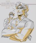  2boys aged_up cheekbones closed_mouth commentary crossed_arms dio_brando ear_birthmark jojo_no_kimyou_na_bouken jonathan_joestar lips looking_at_viewer male_focus multiple_boys phantom_blood sketch tmblyeet upper_body v vest 