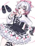  1girl black_dress black_skirt bow bow_flower commentary_request cross-laced_clothes cross-laced_dress dress fang flower-trimmed_dress flower-trimmed_skirt frilled_dress frilled_skirt frilled_sleeves frills gradient_hair hair_bow hair_ornament heart heart_hands highres karaoke_manekineko looking_at_viewer mahou_shoujo_no_majo_saiban mary_janes multicolored_hair mumesan2 o-ring o-ring_thigh_strap official_alternate_costume pink_hair puffy_sleeves sakuraba_ema shoes short_hair simple_background skirt solo thigh_strap white_background white_hair x_hair_ornament 