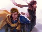  2boys armor brown_hair cape closed_eyes closed_mouth commentary english_commentary fire_emblem fire_emblem:_path_of_radiance greil headband male_focus multiple_boys pauldrons salt-iron scar scar_on_face scar_on_forehead short_hair shoulder_armor single_pauldron volke_(fire_emblem) 