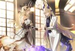  2girls absurdres alternate_costume ambience_synesthesia arknights artist_request bare_shoulders black_dress black_shirt black_sleeves blonde_hair collared_shirt commentary commission cowboy_shot detached_sleeves dragon_girl dragon_horns dragon_tail dress earrings english_commentary fire flame-tipped_tail green_eyes hair_over_one_eye highres holding_hands horns incest indoors jacket jewelry long_hair long_sleeves multicolored_hair multiple_girls necrass_(arknights) off-shoulder_dress off_shoulder one_eye_covered pants purple_streaks reed_(arknights) second-party_source shirt siblings sisters smile streaked_hair suit_jacket tail tuxedo very_long_hair white_jacket white_pants window yuri 