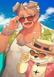  aloha_shirt anthro boater_hat body_hair canid canine canis chest_hair clothing domestic_dog duo eyewear fur gomeisa grin hat headgear headwear hozunomi humanoid lifewonders live-a-hero male mammal pattern_clothing pattern_shirt pattern_topwear procy shirt short_stack smile sunglasses topwear video_games yellow_body yellow_fur 