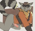 2025 all_fours anthro balls bottomless bottomless_male brown_eyes butt cigarette cigarette_in_mouth clothed clothing cowboy cowboy_hat erection fur genitals glans gloves gol1ath grey_body grey_fur grin half-closed_eyes handwear hat headgear headwear hi_res humanoid_genitalia humanoid_penis kerchief looking_at_viewer male mammal markings mask narrowed_eyes neckerchief neckwear object_in_mouth outlaw penis procyonid raccoon raised_tail ring_(marking) ringed_tail seductive simple_background sly_cooper_(series) smile smiling_at_viewer solo sony_corporation sony_interactive_entertainment striped_markings striped_tail stripes sucker_punch_productions tail tail_markings tennessee_kid_cooper topwear vest western