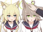  2girls ahoge animal_ear_fluff animal_ears black_choker black_sailor_collar blonde_hair blue_archive blue_sailor_collar blush breast_pocket brown_hair choker collarbone disembodied_hand fox_ears fox_girl generic_33 green_eyes green_halo hair_between_eyes halo hand_on_another's_head headpat kurumi_(blue_archive) long_hair long_sleeves multiple_girls neckerchief open_mouth otogi_(blue_archive) out_of_frame pocket red_neckerchief sailor_collar shirt simple_background triangle_halo two_side_up white_background white_shirt yellow_halo 