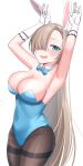  1girl animal_ears armpits arms_up asuna_(blue_archive) asuna_(bunny)_(blue_archive) asymmetrical_bangs blue_archive blue_bow blue_bowtie blue_eyes blue_leotard blush bow bowtie breasts brown_hair brown_pantyhose cleavage commentary_request detached_collar fake_animal_ears gloves hair_over_one_eye large_breasts leotard long_hair looking_at_viewer missing_halo official_alternate_costume one_eye_covered open_mouth pantyhose playboy_bunny rabbit_ears rabbit_pose ramkilog simple_background smile solo strapless strapless_leotard thighband_pantyhose white_background white_gloves 
