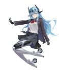  1girl absurdres alcientia blue_hair bodysuit bodysuit_under_clothes collar flying grey_eyes highres jacket latex latex_bodysuit long_hair looking_at_viewer mecha_musume mechanical_legs original personification pleated_skirt sgt_daniel shirt skin_tight skindentation skirt solo very_long_hair white_background white_shirt 