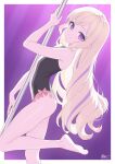  1girl absurdres alternate_costume alternate_hairstyle armpits artist_name bare_arms bare_legs bare_shoulders barefoot black_leotard blonde_hair border bow closed_mouth commission dancer dancing dhokidoki elise_(fire_emblem) fire_emblem fire_emblem_fates highres leotard long_hair looking_at_viewer multicolored_hair pink_bow pole_dancing purple_background purple_eyes purple_hair simple_background solo streaked_hair white_border 