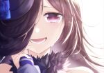  1girl absurdres animal_ears bare_shoulders blue_flower blue_rose brown_hair c_lover128 close-up comforting crying crying_with_eyes_open flower fur_trim hair_over_one_eye hand_grab hand_on_another's_face hat hat_flower highres horse_ears horse_girl long_hair looking_at_viewer non-web_source open_mouth portrait pov purple_eyes rice_shower_(umamusume) rose sad smile solo solo_focus source_request teardrop tears tilted_headwear umamusume white_background 