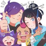 1girl 1other 2boys :3 :d ;) baby black_hair blue_eyes brothers character_request closed_eyes closed_mouth commentary_request cosplay dated fake_dot_(pokemon) fake_liko_(pokemon) fake_roy_(pokemon) family father_and_child father_and_son hair_bun hair_over_one_eye highres husband_and_wife jacket mikanlkk mother_and_child mother_and_son multiple_boys one_eye_closed open_mouth outstretched_arms parent_and_child pokemon pokemon_(anime) pokemon_horizons purple_hair purple_jacket sableye sableye_(cosplay) siblings single_hair_bun smile split_mouth spread_fingers strap thumbs_up translation_request vest 