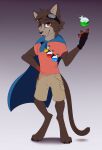 2023 3_claws 3_toes anthro arm_markings barefoot biped black_claws black_clothing black_gloves black_handwear black_nose blue_cape blue_clothing bottomwear brown_body brown_ears brown_fur brown_hair brown_tail cape claws clothed clothed_anthro clothed_male clothing digital_media_(artwork) digitigrade domestic_cat eyes_closed eyewear eyewear_on_head feet felid feline felis finger_claws fingerless_gloves front_view fur gloves gloves_(marking) goggles goggles_on_head gradient_background grey_body grey_fur grey_inner_ear hair handwear hi_res looking_at_viewer male male_anthro mammal markings maroonkl_(maroon_kl) meraence multicolored_body multicolored_fur one_glove pants pink_clothing pink_shirt pink_topwear potion potion_bottle red_eyes red_markings shirt simple_background snout solo standing tail tan_bottomwear tan_clothing tan_pants toe_claws toes topwear