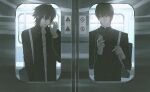 2boys alternate_costume alternate_universe bag bags_under_eyes black_eyes black_hair death_note dress_shirt earphones gakuran hair_between_eyes jacket l_(death_note) looking_at_another male_focus multiple_boys no_smoking open_clothes open_jacket school_uniform shirt short_hair shoulder_bag standing train_interior upper_body yagami_light zrzz 