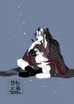  2boys adoptive_parent_and_adoptive_child aged_down ahoge asacobeat black_boots black_coat black_hair black_hanfu blue_background boots carrying carrying_person chenqing_flute child child_carry chinese_clothes closed_eyes closed_mouth coat commentary_request dizi flute full_body grandmaster_of_demonic_cultivation grey_eyes hair_ribbon half_updo hand_on_own_cheek hand_on_own_face hanfu head_rest high_ponytail highres holding holding_flute holding_instrument indian_style instrument lan_sizhui lan_sizhui_(young) light_particles limited_palette long_hair long_sleeves looking_to_the_side male_focus multiple_boys official_alternate_costume official_alternate_hairstyle open_clothes open_coat pants parent_and_child ponytail red_ribbon red_sash ribbon robe sash sidelocks simple_background sitting sleeping spot_color transverse_flute twitter_username very_long_hair watermark wei_wuxian wei_wuxian_(yiling_laozu) white_hanfu white_pants wide_sleeves 