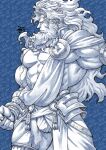  1boy abs adversarial_noise bara beard biceps blue_background bulge closed_mouth colored_skin commentary_request facial_hair fate/grand_order fate_(series) highres looking_to_the_side male_focus muscular muscular_male pectorals shirako_(kirupi) veins veiny_arms veiny_legs white_hair white_skin zeus_(fate) 