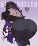 1girl absurdres anal anal_object_insertion ass black_dress black_hair breasts cameltoe covered_butt_plug dress glasses goddess_of_victory:_nikke guttsuko hair_over_one_eye highres label_(nikke) long_dress long_hair looking_at_viewer looking_back multicolored_hair object_insertion purple_eyes purple_hair skull solo tight_clothes tight_dress two-tone_hair 