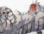  1boy abs afk_(series) afk_journey animal_ears bara blush clenched_teeth disembodied_tongue drooling english_commentary erection furry furry_male jewelry kordan_(afk) male_focus muscular muscular_male necklace nipples nude pectorals penis ponytail recon_(aquaticrecon) saliva scar scar_on_face scar_on_mouth sweat tail teeth tiger_boy tiger_ears tiger_stripes tiger_tail white_background 
