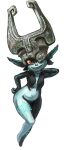  1girl black_skin blue_skin body_markings colored_skin commentary english_commentary fake_horns grin hand_on_own_hip helmet highres horned_helmet horns looking_at_viewer midna multicolored_skin navel obesitykid pointy_ears sharp_teeth simple_background smile solo teeth the_legend_of_zelda the_legend_of_zelda:_twilight_princess two-tone_skin white_background 