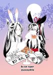  2boys ahoge alcohol animal_ears asacobeat black_hair black_hanfu blue_eyes bow chinese_clothes chinese_text closed_mouth commentary_request couple eating flower food food_on_face full_moon grandmaster_of_demonic_cultivation hair_between_eyes hair_bow hair_ribbon handkerchief hanfu headband high_ponytail highres holding holding_food holding_handkerchief jug_(bottle) kemonomimi_mode lan_wangji leaf light_particles liquor long_hair long_sleeves looking_at_another male_focus mid-autumn_festival moon mooncake multiple_boys partially_colored plate ponytail rabbit_boy rabbit_ears red_bow red_ribbon red_sash ribbon robe sash sidelocks smile topknot twitter_username upper_body very_long_hair wei_wuxian white_hanfu white_headband wide_sleeves wiping_another's_face xiao_guan_(headdress) yaoi yellow_eyes 